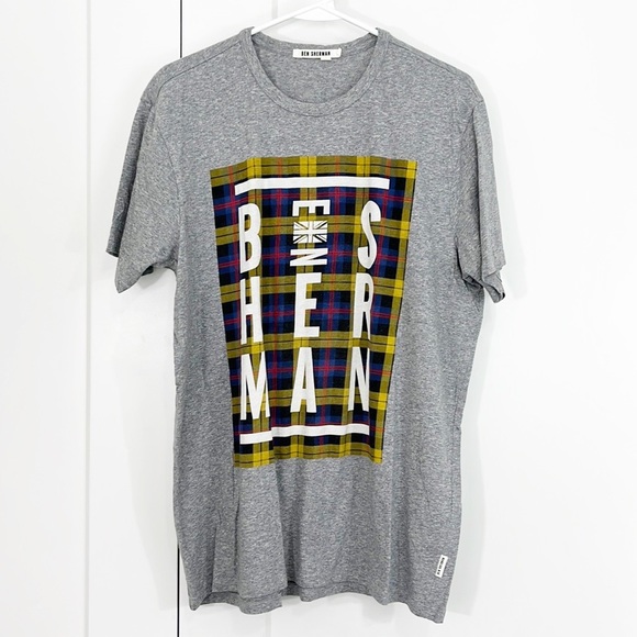 Ben Sherman Large Gray Plaid Graphic Logo Short Sleeve T-Shirt - Picture 1 of 7